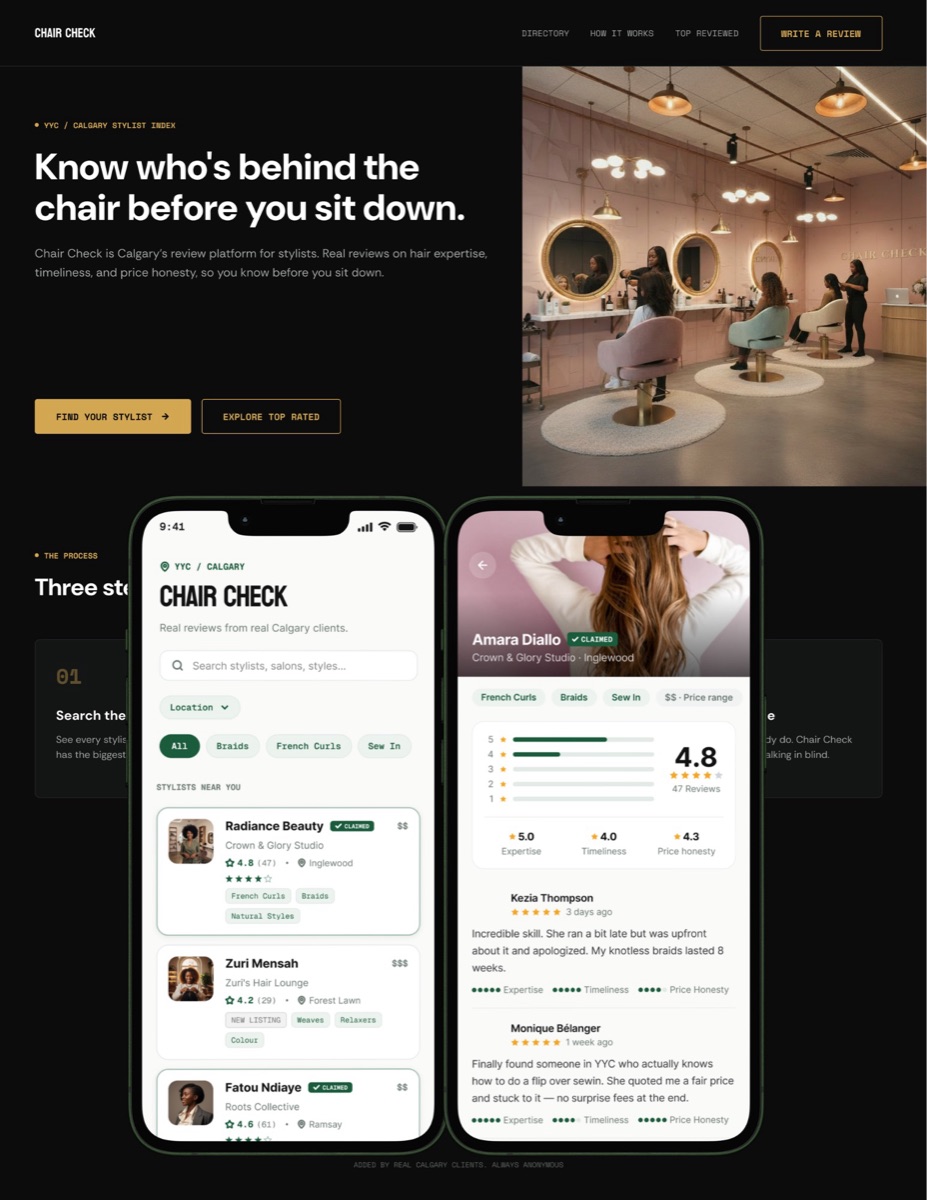 Screenshot of the ChairCheckYYC stylist directory
